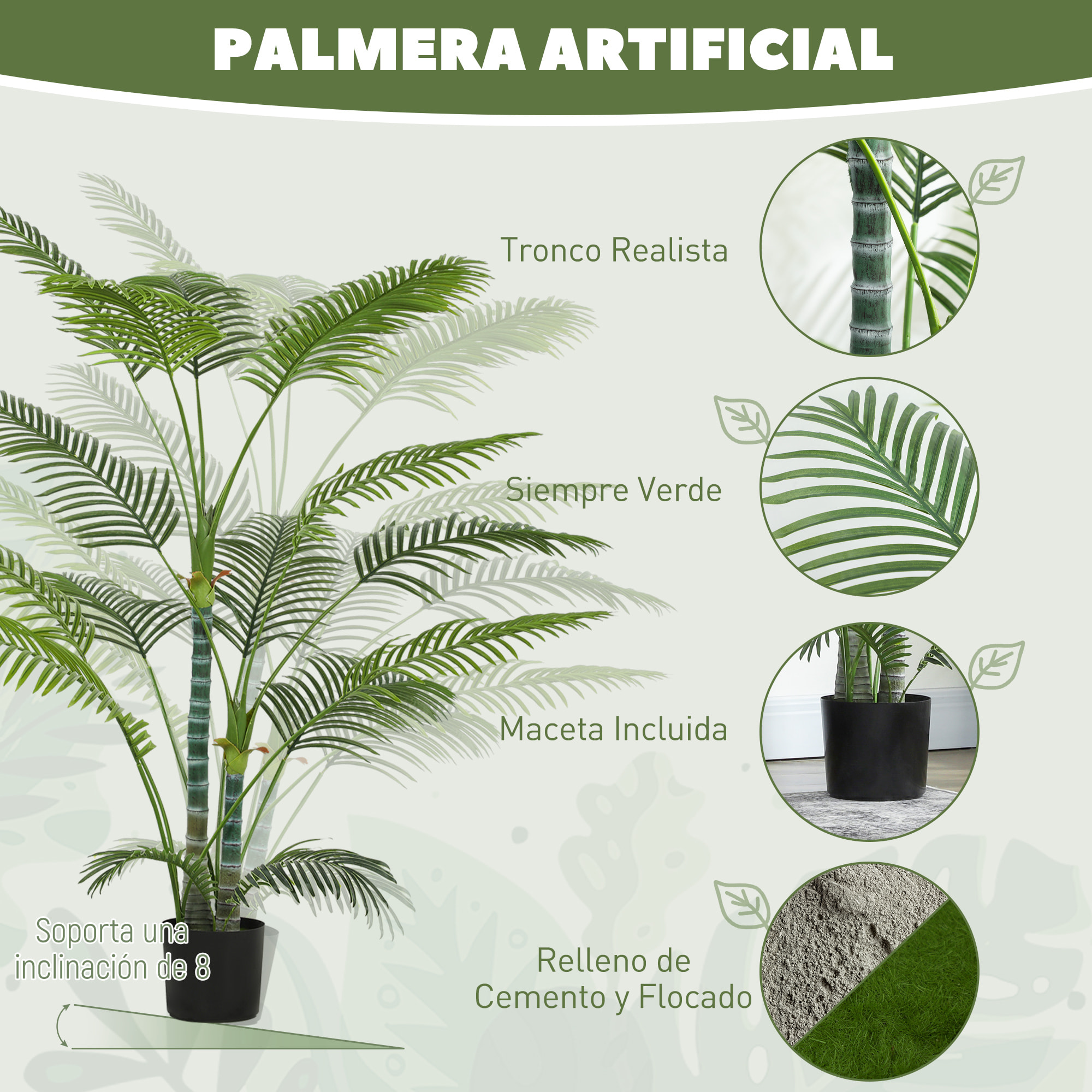 Planta Artificial Decorativa 170 cm Palmera Artificial con Maceta y Hojas para Interior Hogar Salón Oficina Verde