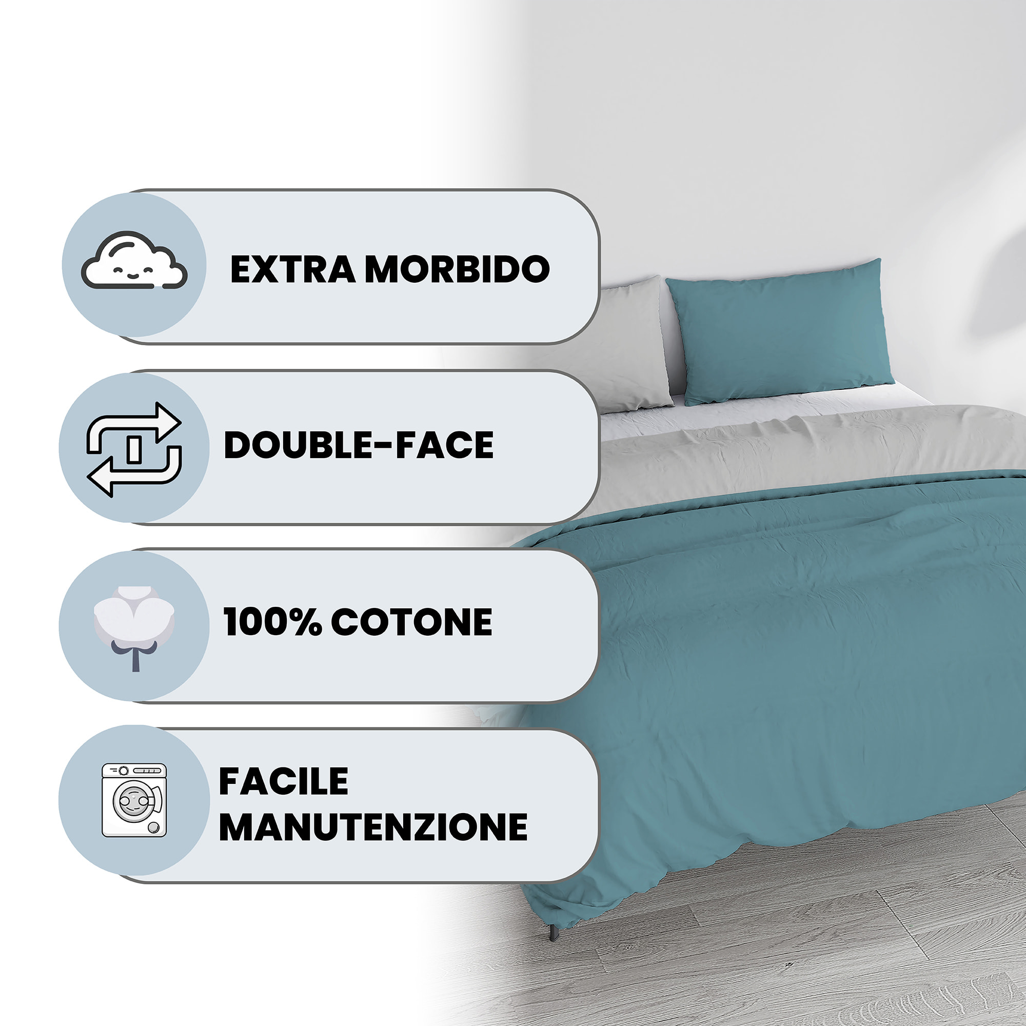 PARURE COPRIPIUMINO NATURAL COLOR, 100% Cotone, Made in Italy - OTTANIO/GRIGIO CHIARO