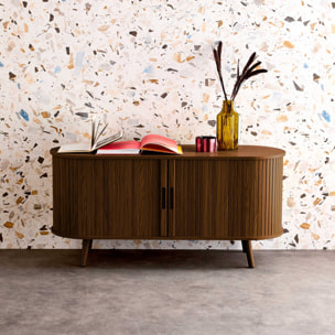 Meuble TV scandinave 2 portes coulissantes. 4 compartiments. effet bois rainuré noyer. L120 x 40 x 57 cm