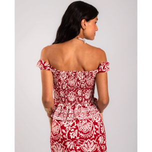 Blusa de mujer crop con tirantes caídos y cuerpo nido de abeja