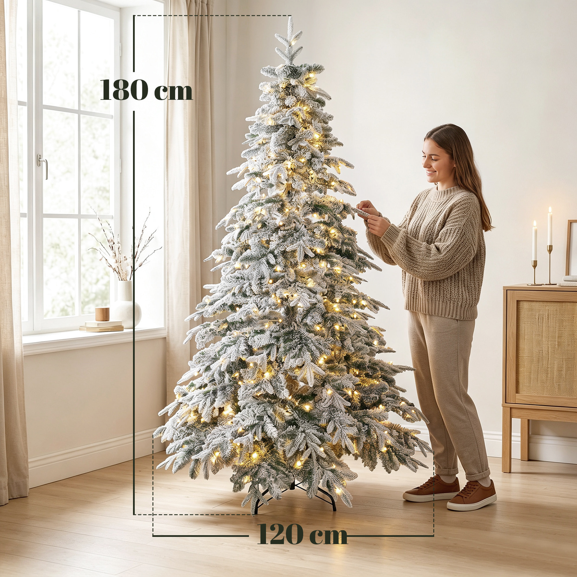 Sapin de Noël artificiel enneigé LED H.180 cm 350 LEDs blanc chaud télécommande 8 modes