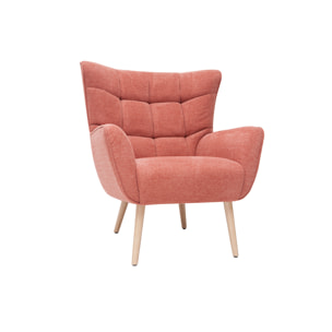 Fauteuil scandinave en tissu effet velours texturé terracotta et bois clair AVERY