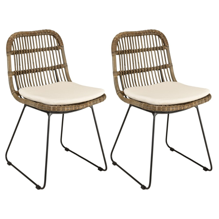 KALLY - Lot de 2 chaises en rotin grisé coussin blanc pieds métal noir