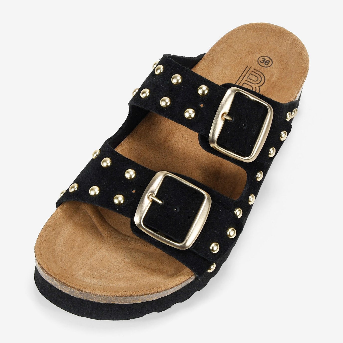 Sandalias de plataforma negras en piel con hebillas y tachas metálicas