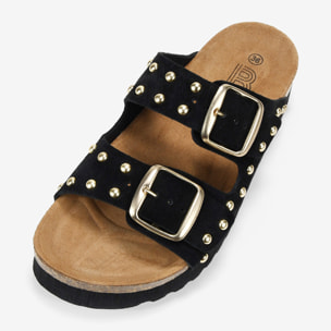 Sandalias de plataforma negras en piel con hebillas y tachas metálicas