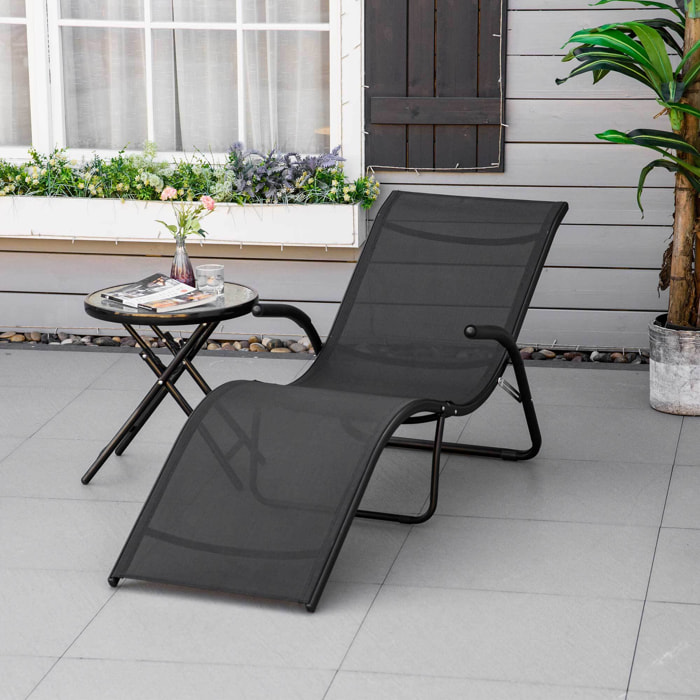 Outsunny Tumbona Plegable de Jardín con Reposabrazos y Reposapiés Metal Negro