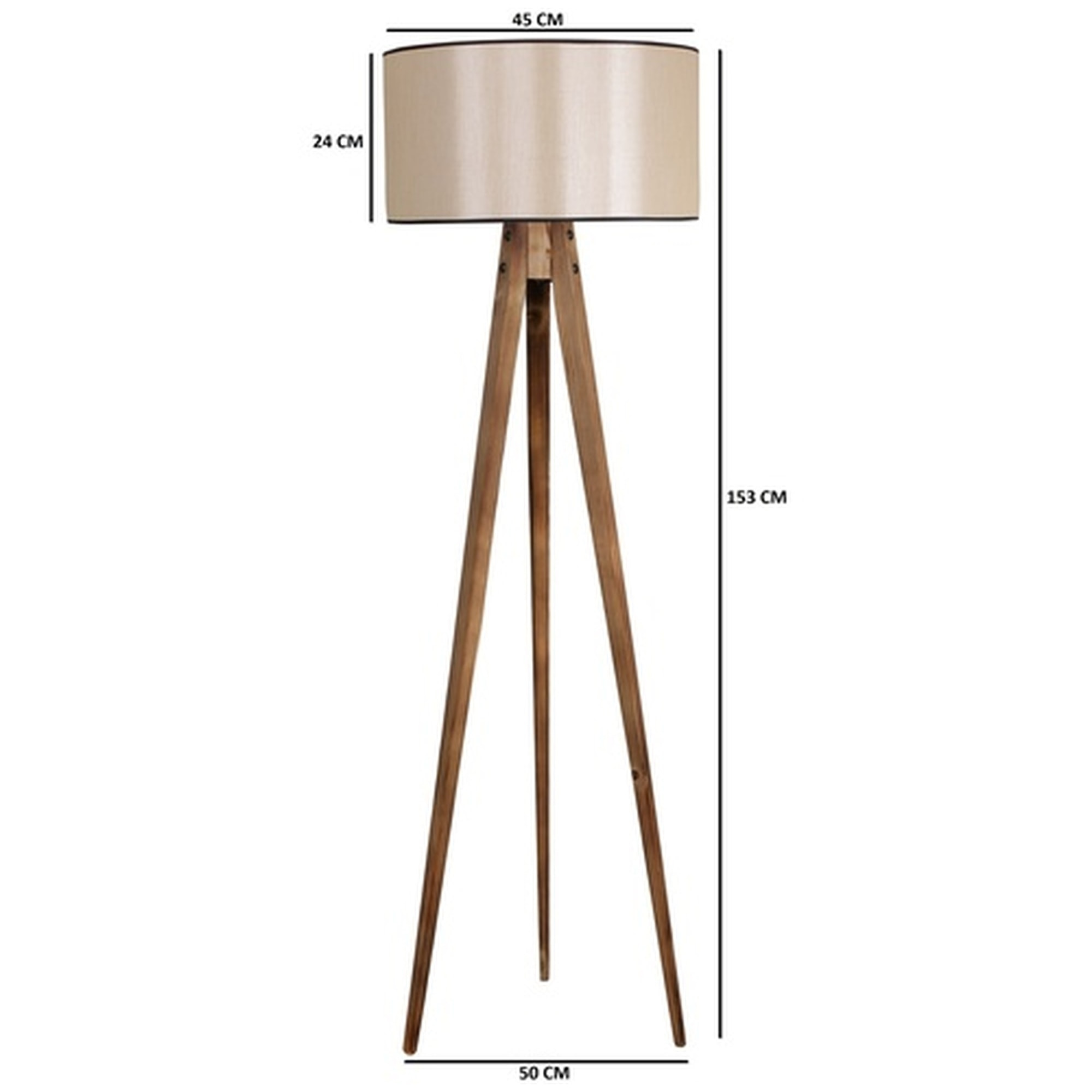 Lámpara de pie con madera, marrón claro, pantalla ancha beige, colección Tanganica, 45x45x153, casquillo E 27 Max 60 W