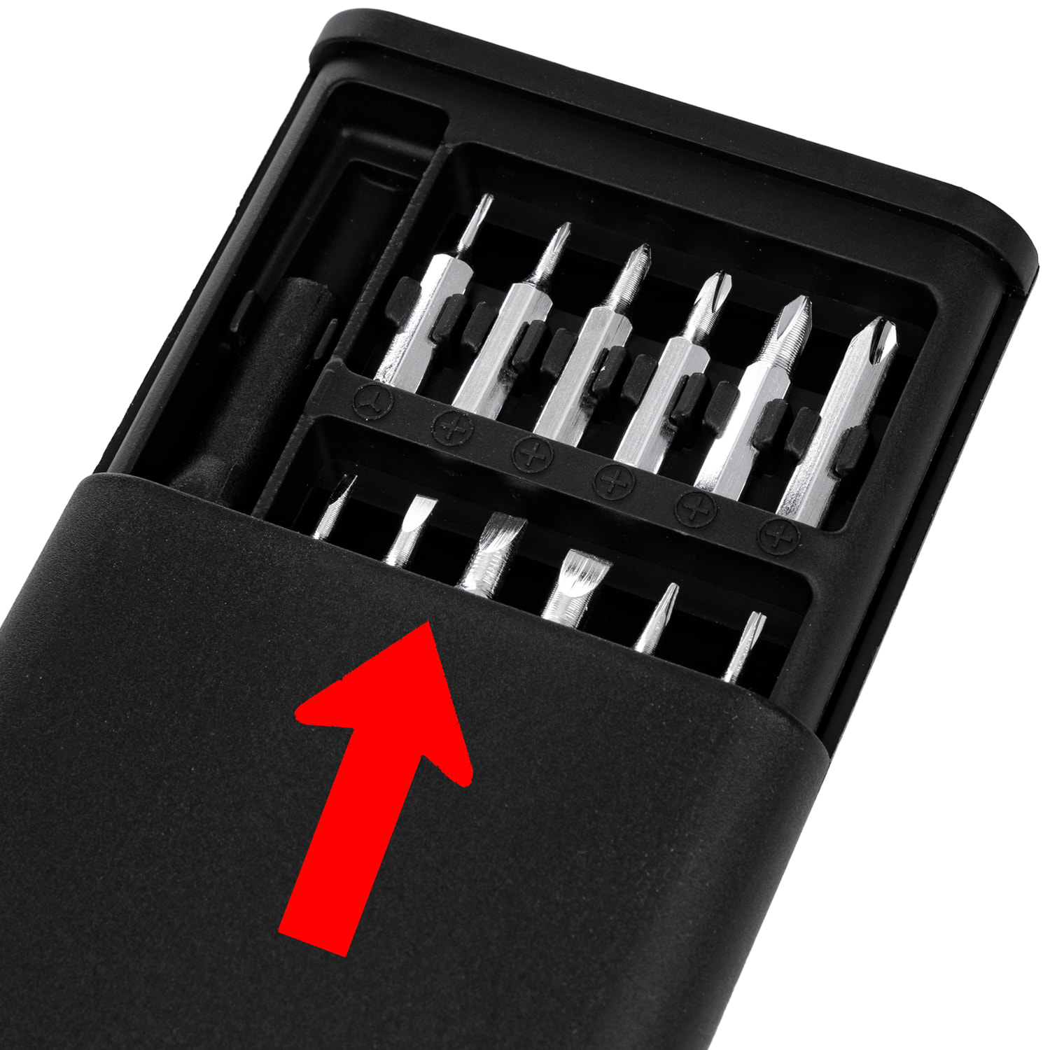 Juego de destornillador 24 en 1 con cuerpo plástico, carcasa con apertura por deslizamiento y puntas de acero.