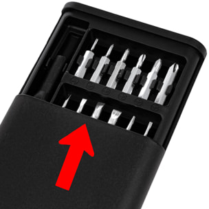 Juego de destornillador 24 en 1 con cuerpo plástico, carcasa con apertura por deslizamiento y puntas de acero.