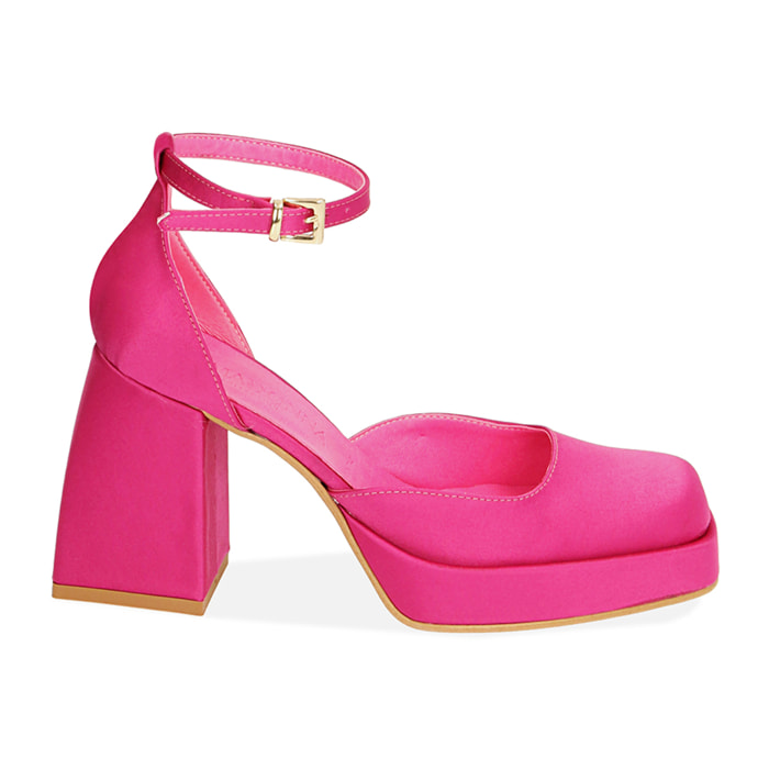 Zapato de tacón de plataforma fucsia en raso, tacón 9 cm