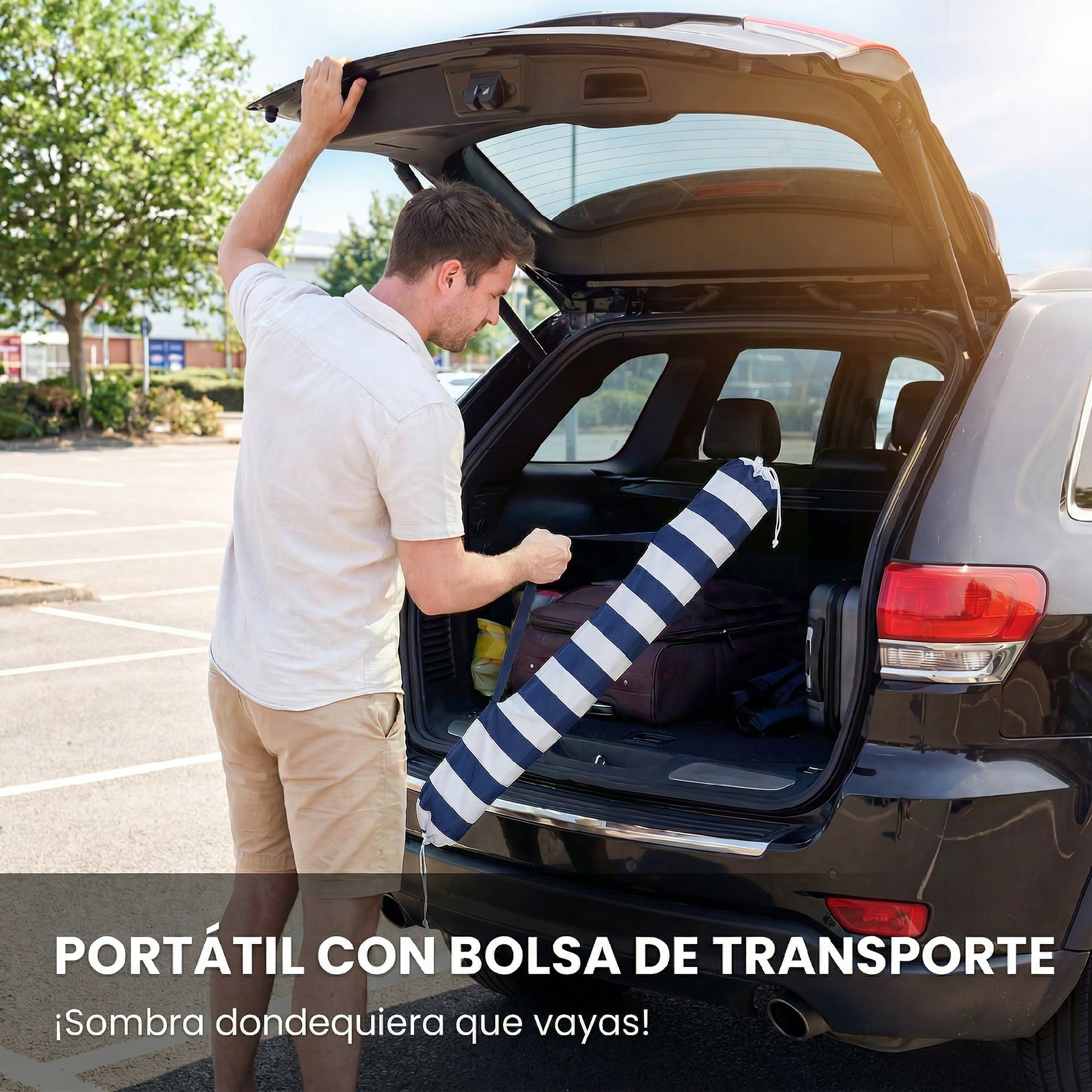 Sombrilla de Playa con Flecos Ø180 cm, Sombrilla de Terraza Exterior con Altura Ajustable, Inclinación 30°, Anclaje Arena y Bolsa de Transporte, Azul y Blanco