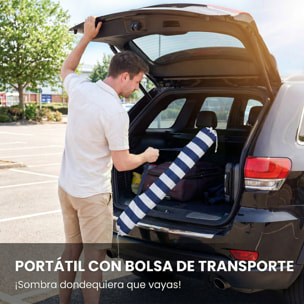 Sombrilla de Playa con Flecos Ø180 cm, Sombrilla de Terraza Exterior con Altura Ajustable, Inclinación 30°, Anclaje Arena y Bolsa de Transporte, Azul y Blanco