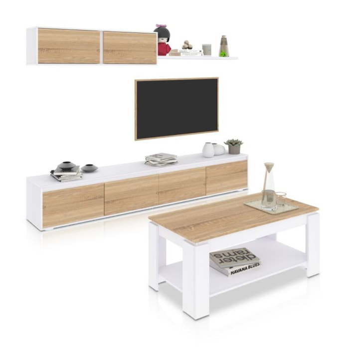 Pack salón con mesa de centro Arlet Plus Blanco Artik (Blanco Mate) - Roble Canadian