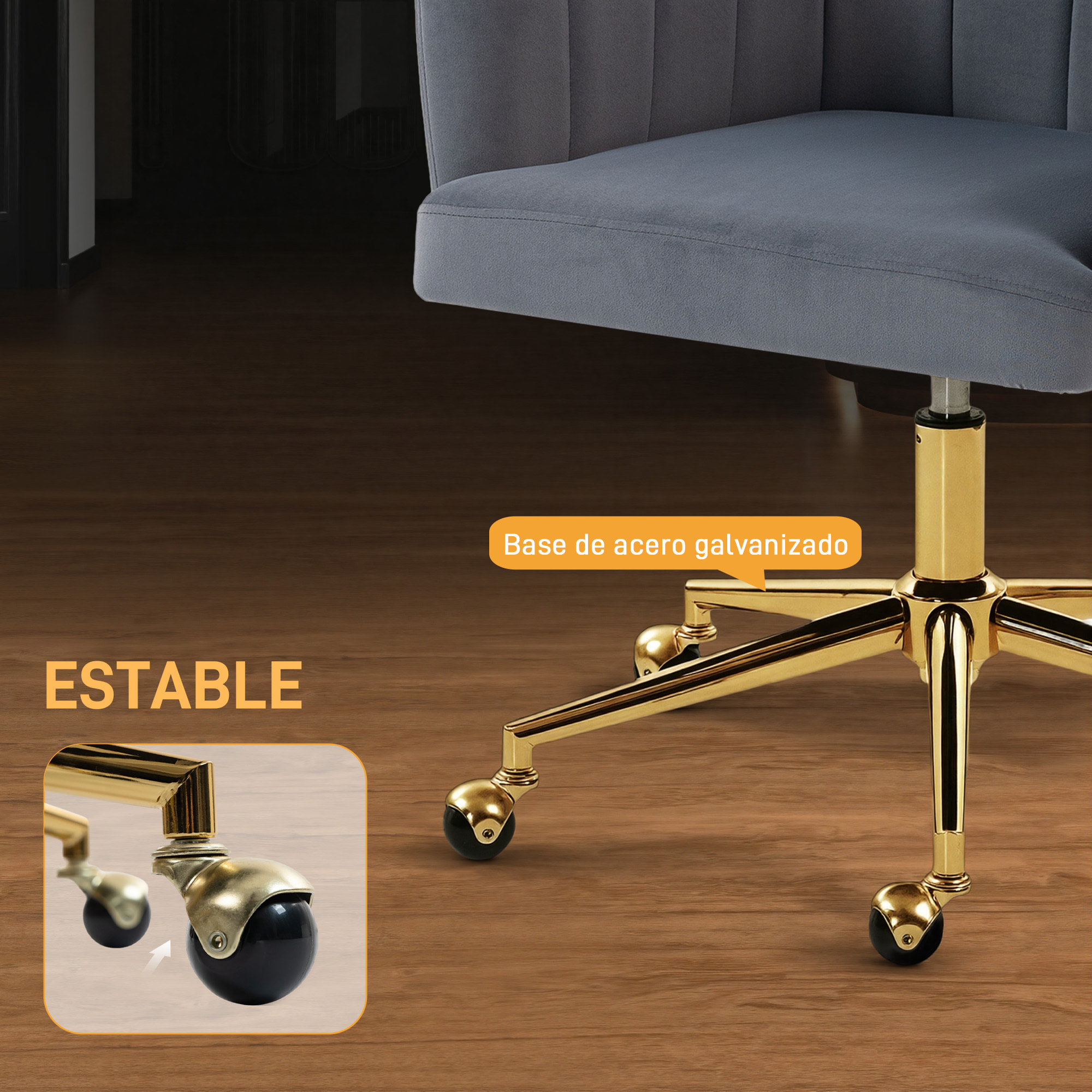 Silla de Oficina con Ruedas, Silla de Escritorio de Terciopelo con Respaldo Acolchado con Costuras, Asiento Ancho, Altura Ajustable, Espuma de Alta Resiliencia, para Casa, Oficina, Gris