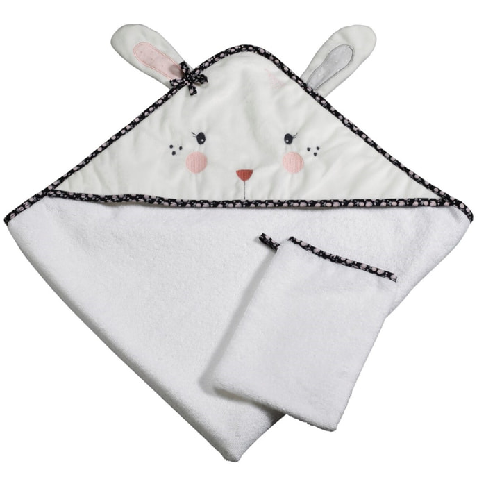 Sortie de bain lapin 75x75cm et gant en coton  blanc