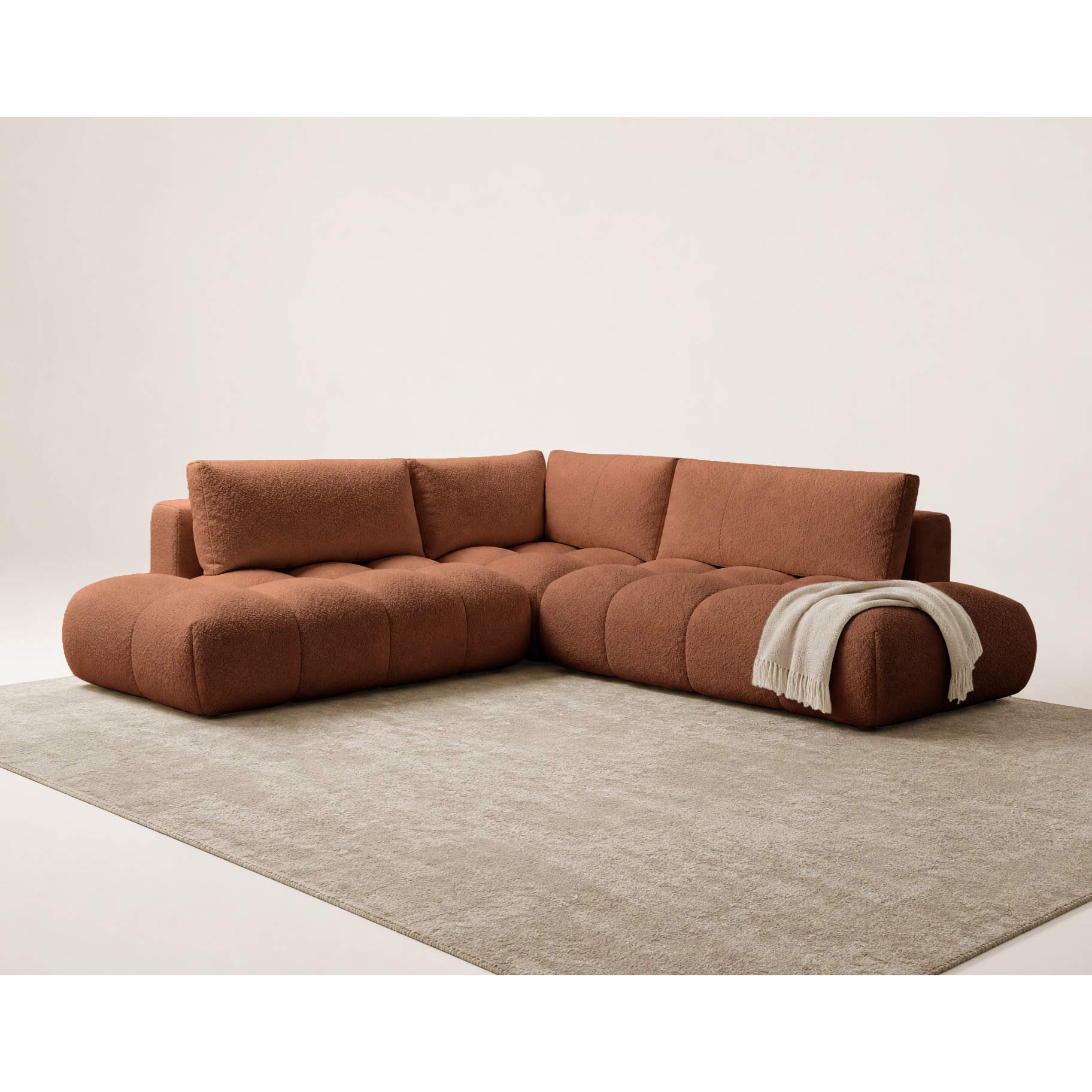Yulin - Canapé d'angle L 5 places convertible avec coffre en tissu bouclette - Rouille