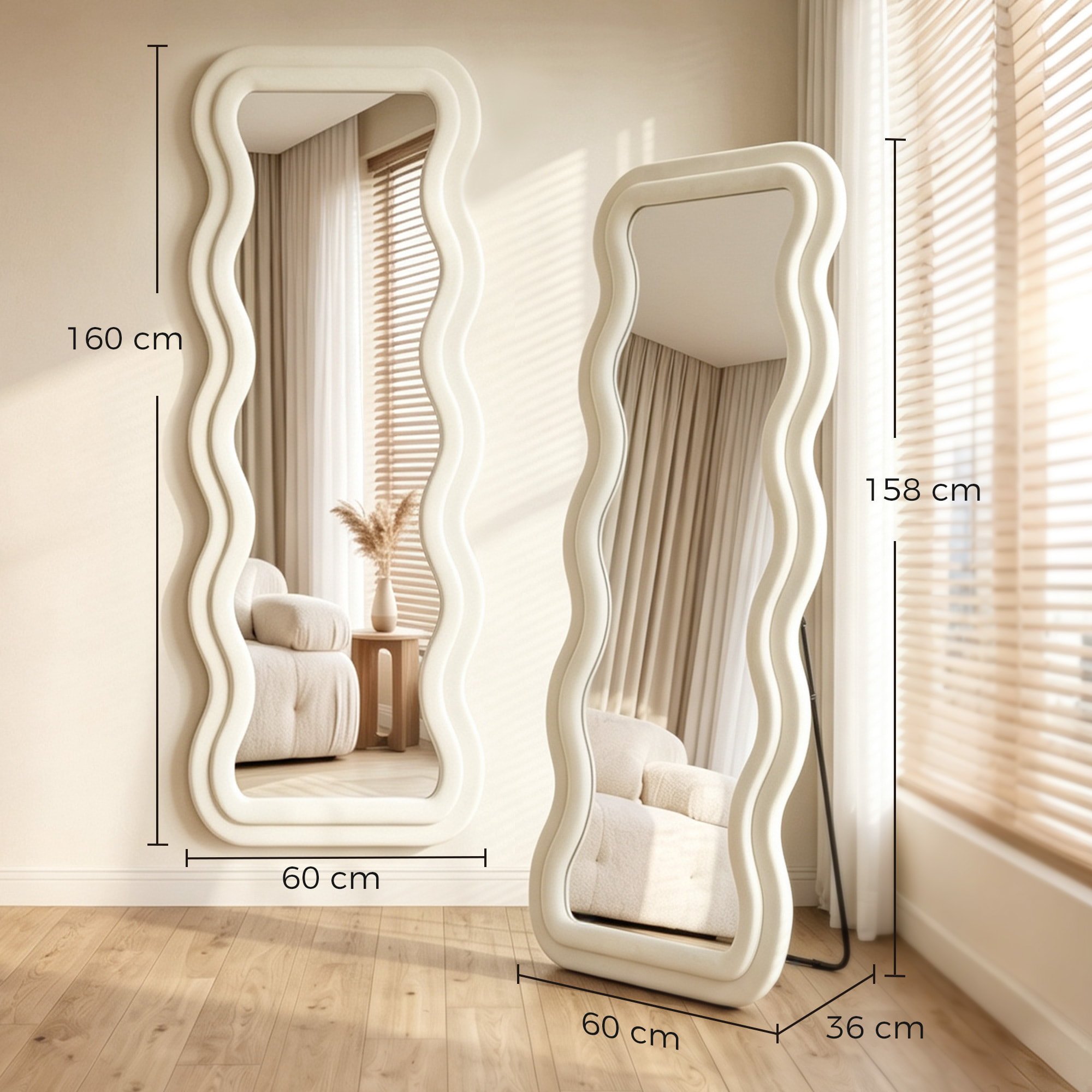 Miroir sur pied pleine longueur design ondulé velours blanc crème