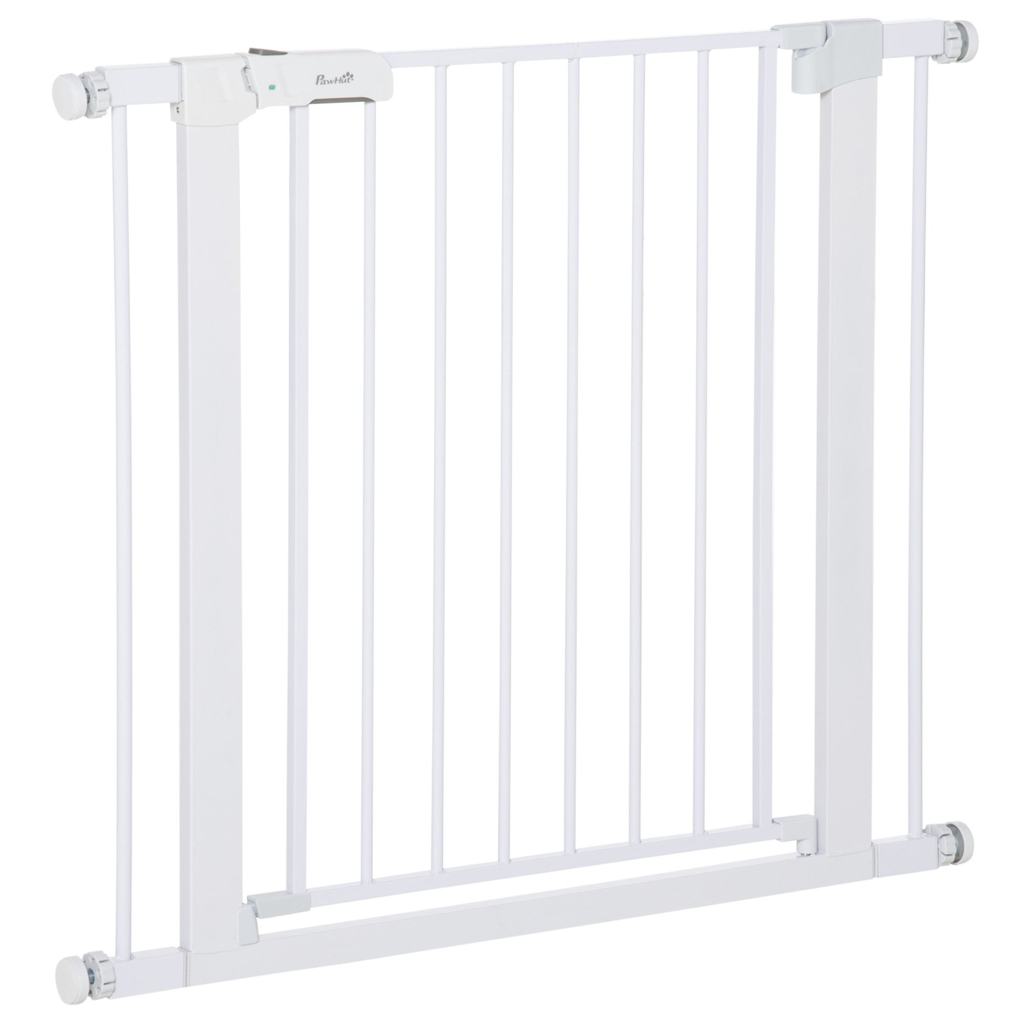 Barrera de Seguridad de Perros Extensible para Escaleras y Puertas 75-96 cm con 2 Extensiones de 7 cm Cierre Automático y Marco de Acero Altura 76 cm Blanco