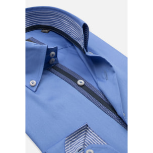 Camicia Uomo 2 Bottoni Button Down Slim Satin Unito Celeste Medio