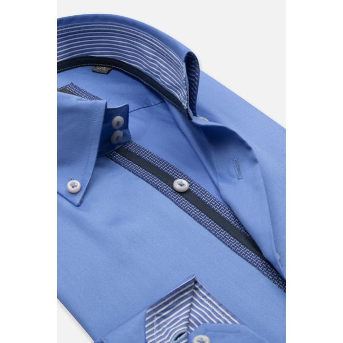 Camicia Uomo 2 Bottoni Button Down Slim Satin Unito Celeste Medio