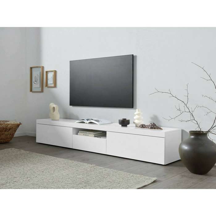 Mobile porta TV Annett, Credenza bassa da soggiorno a 3 ante, Base porta TV, 220x40h35 cm, Bianco lucido