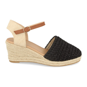 Sandalia para Mujer con Cuña de Yute, Pala Cerrada de Rafia, Talon Abierto y Cierre de Hebilla Primavera Verano 2020