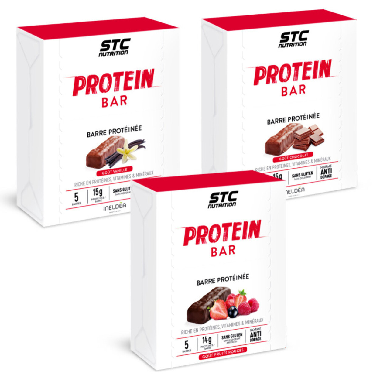 STC Nutrition - Pack Trio Protein Bars - Chocolat, Fruits Rouges & Vanille - 3 Étuis de 5 Barres de 45 g - Jusqu'à 15 g de Protéines par Barre + Vitamines & Minéraux