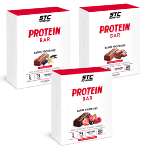 STC Nutrition - Pack Trio Protein Bars - Chocolat, Fruits Rouges & Vanille - 3 Étuis de 5 Barres de 45 g - Jusqu'à 15 g de Protéines par Barre + Vitamines & Minéraux