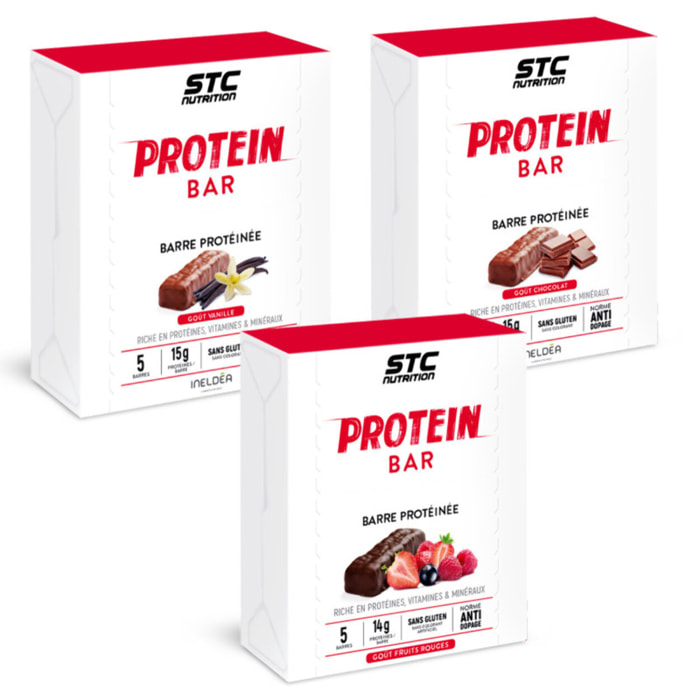 STC Nutrition - Pack Trio Protein Bars - Chocolat, Fruits Rouges & Vanille - 3 Étuis de 5 Barres de 45 g - Jusqu'à 15 g de Protéines par Barre + Vitamines & Minéraux