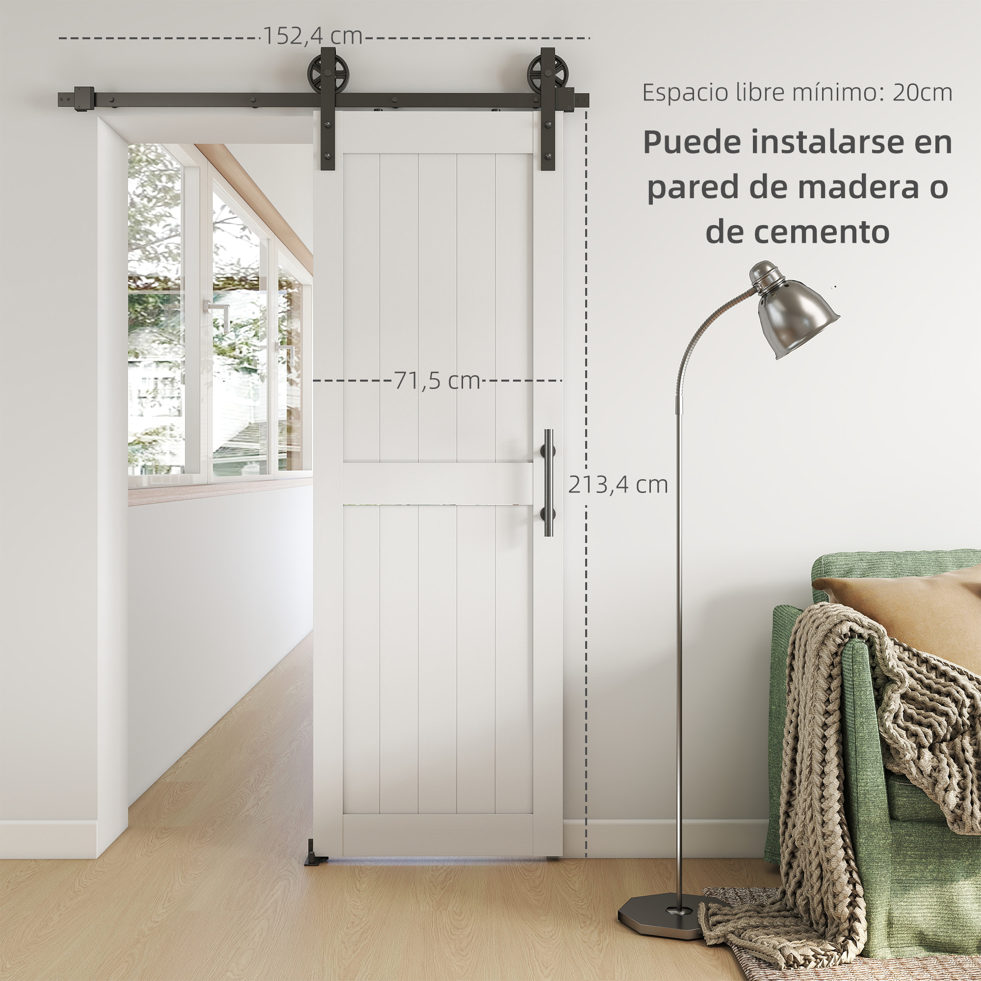 Puerta Corredera de Granero con Herrajes Puerta Corredera de Interior con Manija Rodillo y Guía de Suelo Mejorados para Baño Salón Sala de Estar 71,5x213,4 cm Blanco