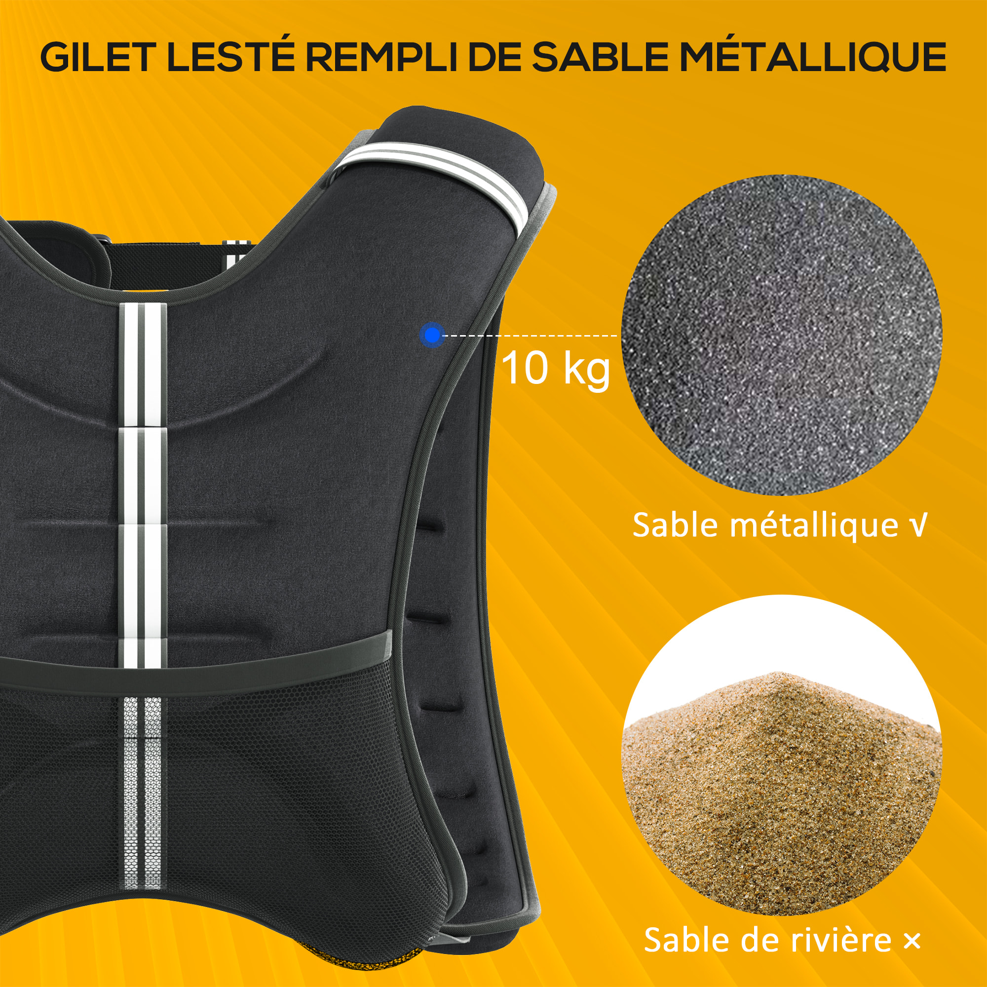 Gilet lesté 10 Kg - veste lestée de sport fitness - poche de rangement intégrée - Oxford noir