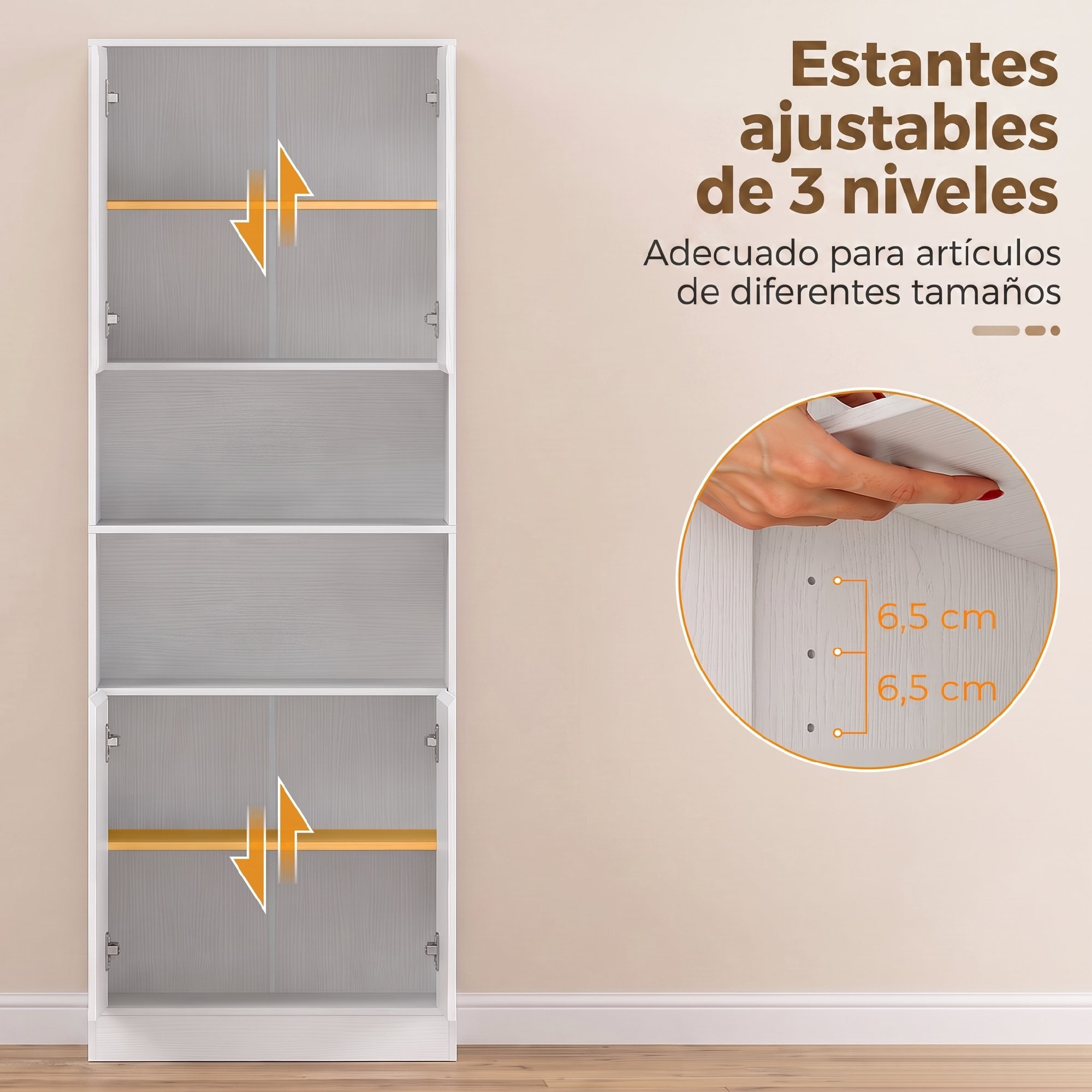 Alacena de Cocina Alta, Mueble Auxiliar de Cocina con 4 Puertas con Bisagras de Cierre Suave, Estantes Ajustables, 2 Compartimentos Abiertos, para Comedor, Salón, 60x30x170 cm, Blanco