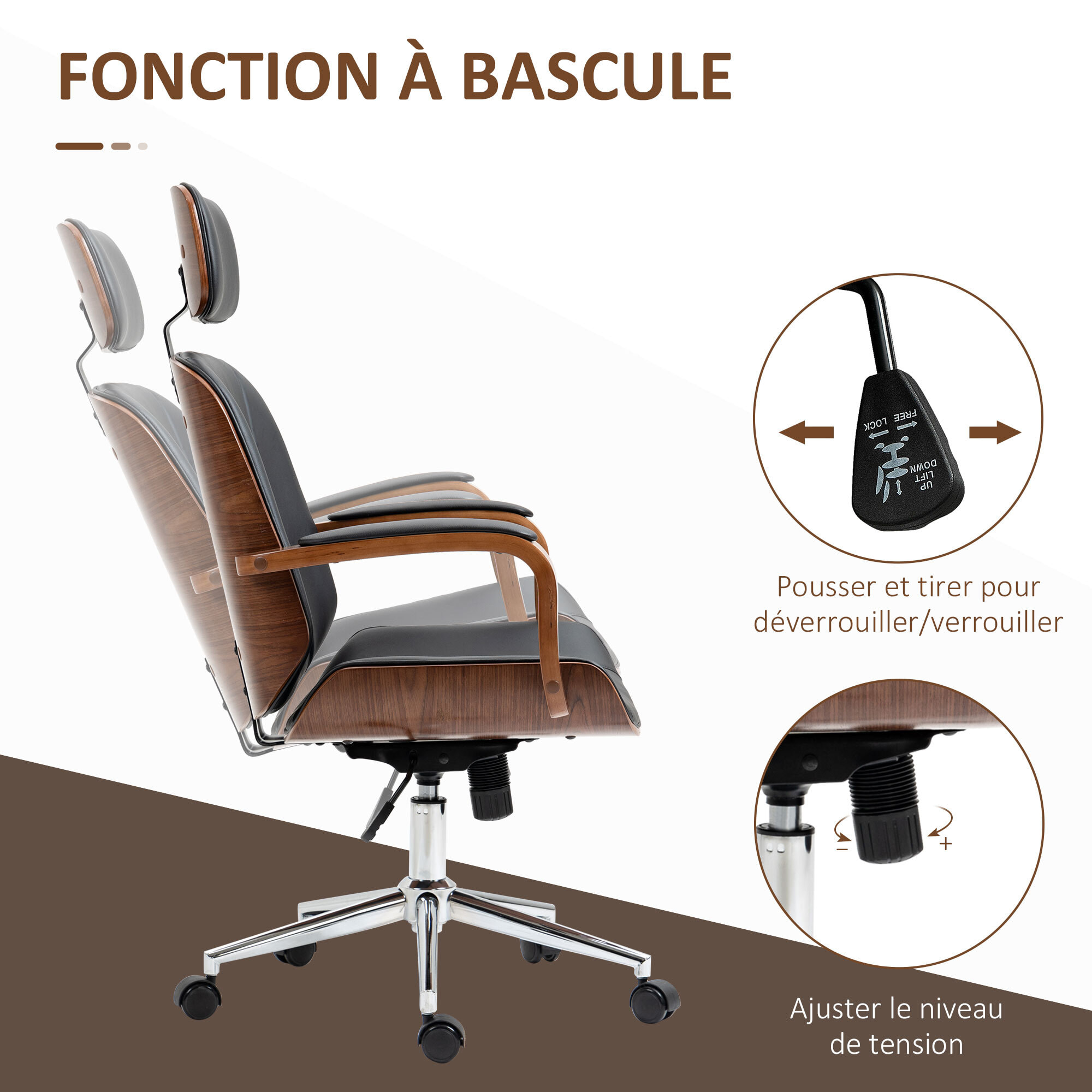 Chaise de bureau manager réglable design bois effet noyer synthétique noir