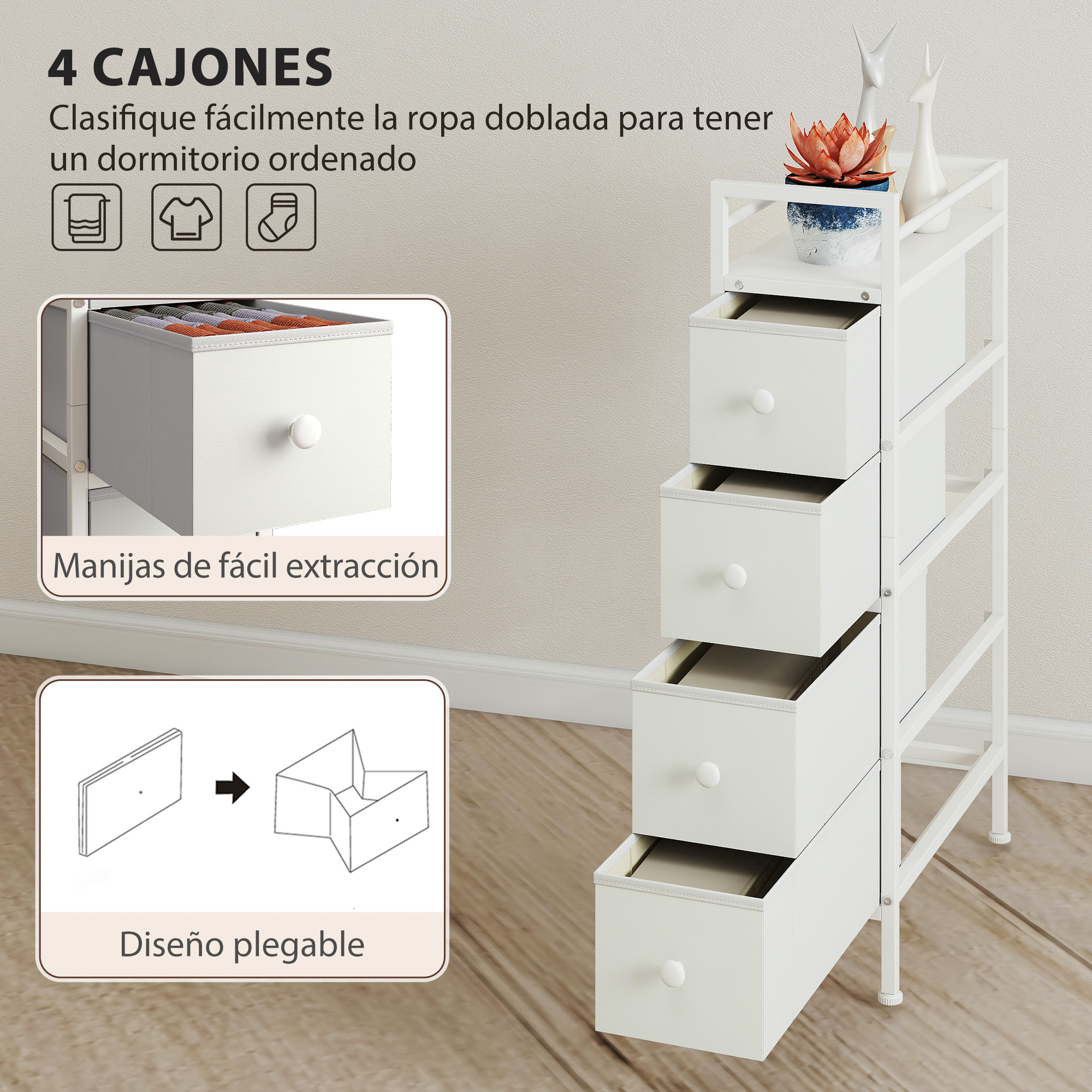 Cómoda con 4 Cajones de Tela, Cómoda para Dormitorio Estrecha con Marco de Acero, Cajonera para Espacios Pequeños, Sala de Estar, Vestidor, Baño, Blanco