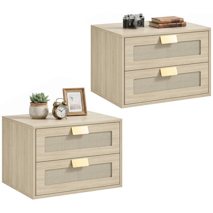 Juego de 2 Mesitas de Noche Flotantes, Mesillas de Noche con 2 Cajones con Frente de Ratán Natural, Diseño Moderno, para Dormitorio, 40x30x27,6 cm, Roble