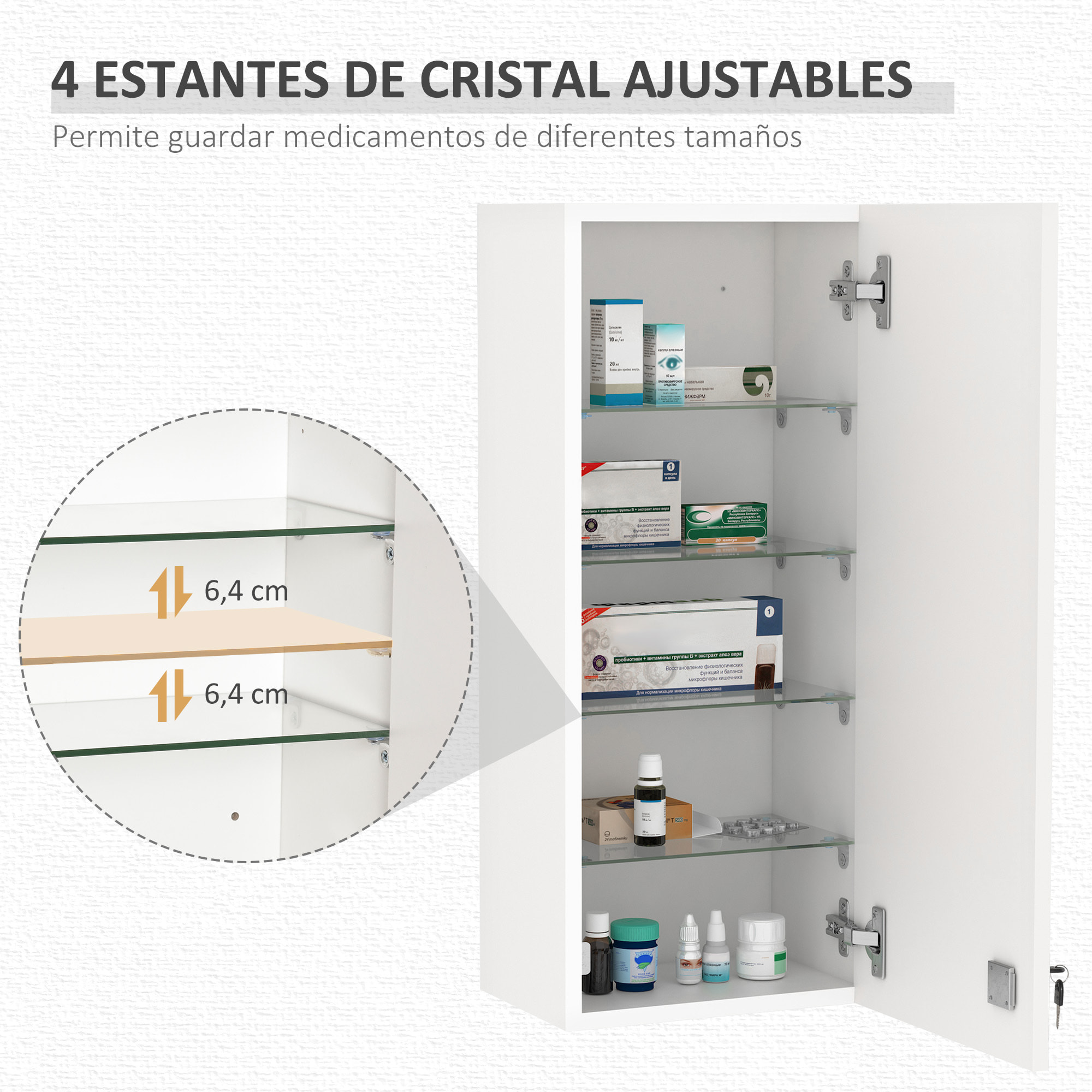 Botiquín de Pared de Primeros Auxilios, Botiquín de Medicinas de 5 Niveles con Estantes Ajustables de Vidrio, Cerradura y 2 Llaves, para Baño, Cocina, 30x20x70 cm, Blanco
