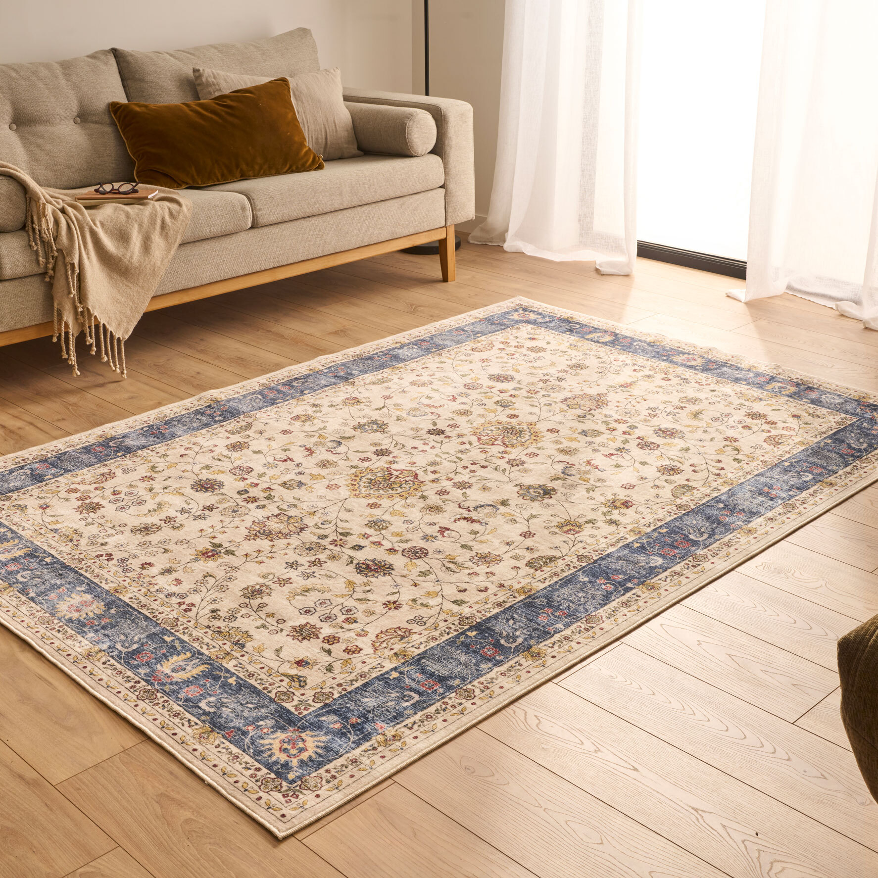 OTTOMAN - Tapis à poils courts doux à motif arabesque bleu