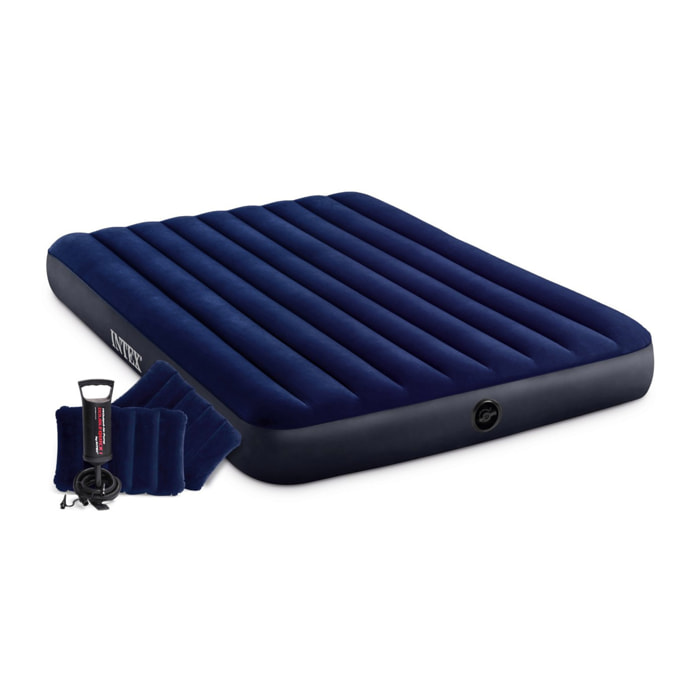 Colchón doble Intex Downy, dos almohadas y bomba manual, 152x203x25 cm