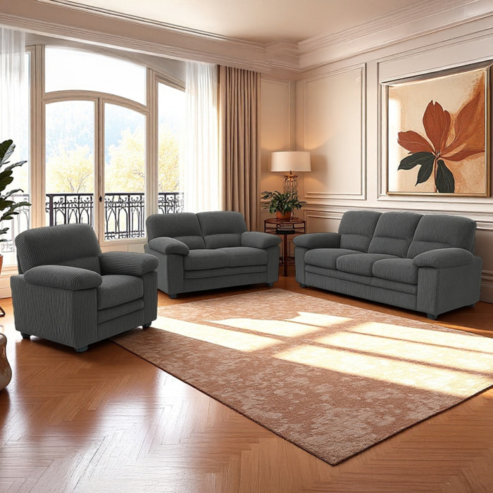 MATHEW Ensemble canapé 3 places + 2 places + fauteuil en velours côtelé gris foncé