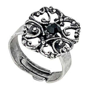 Anillo Vintage oval y cristal negro plata envejecida