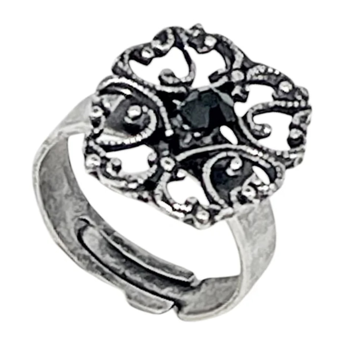 Anillo Vintage oval y cristal negro plata envejecida