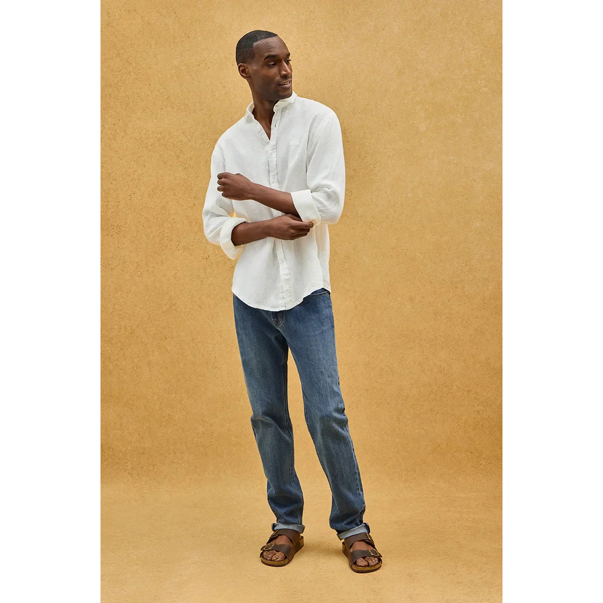 Camicia bianca in lino regular fit con toppa Polo Club