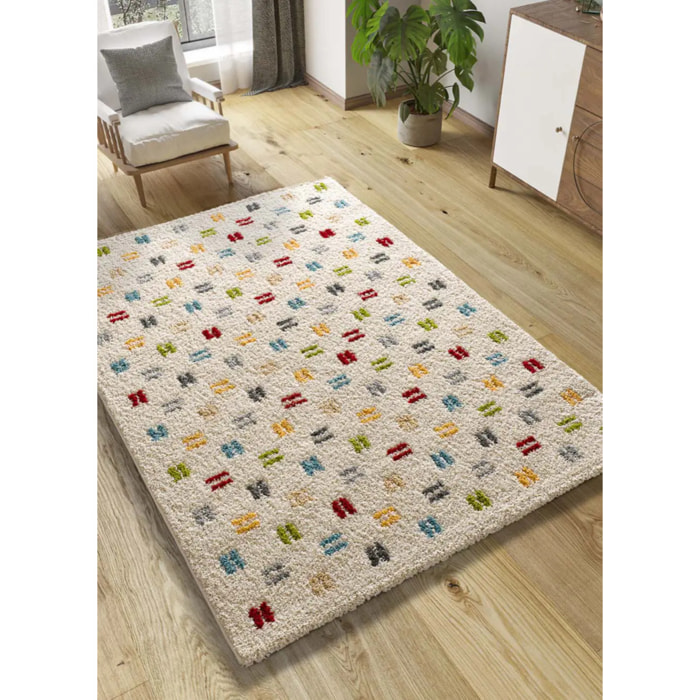 BREMEN Alfombra shaggy geométrica en blanco y motivos multicolor, varias medidas disponibles