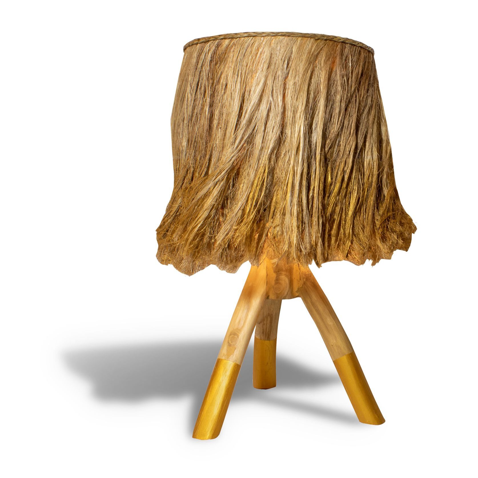 Lampe de table en bois et feuilles d'abaca naturel et doré h60cm  BILBA