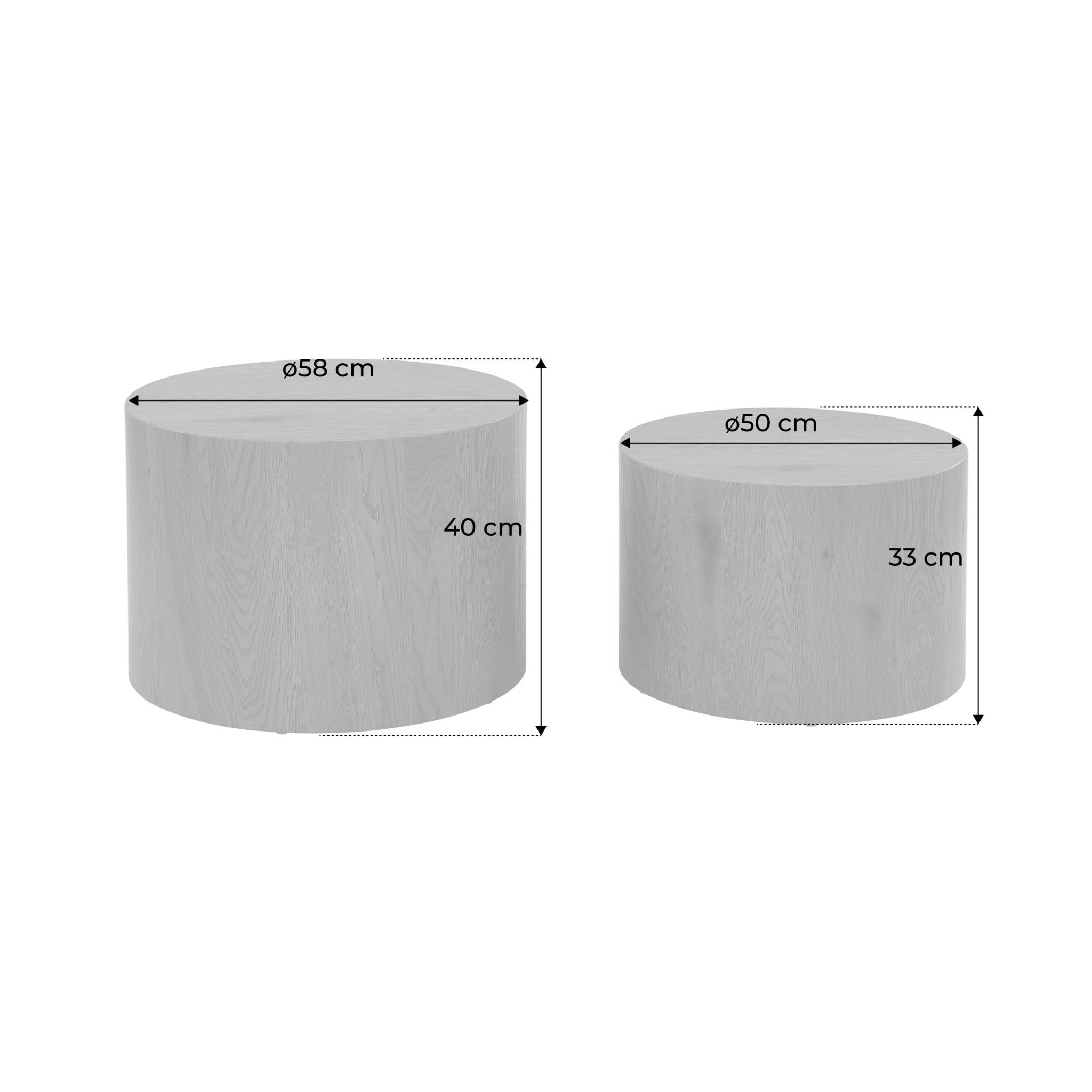 Lot de 2 tables basses rondes effet chêne. Ø58 x H 40cm / Ø50 x H 33cm SYLVA