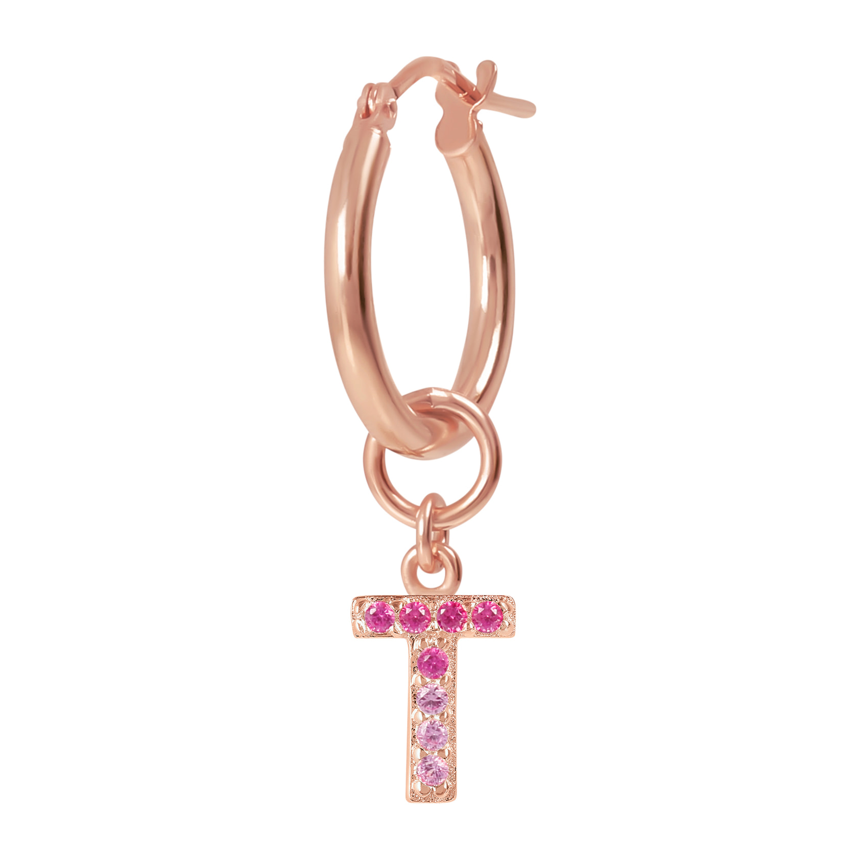 Orecchino a Cerchio con Ciondolo Lettera T in Pavé di Cubic Zirconia Rosa