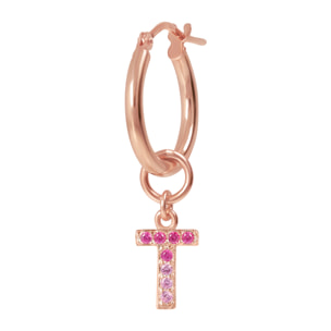 Orecchino a Cerchio con Ciondolo Lettera T in Pavé di Cubic Zirconia Rosa