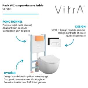 Pack WC suspendu VITRA Sento blanc + bâti autoportant V-Fix Core + Plaque Round Blanche