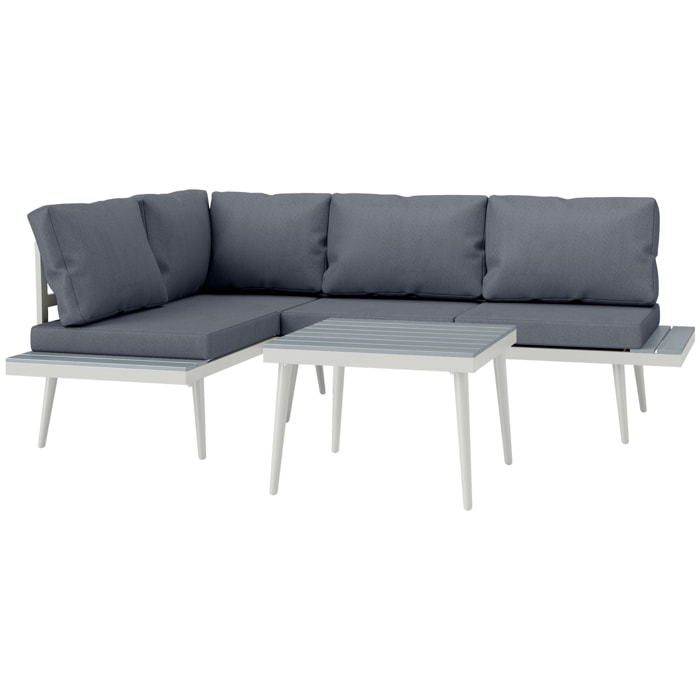 Ensemble salon de jardin modulable 4 personnes 3 pièces design métal crème coussins gris