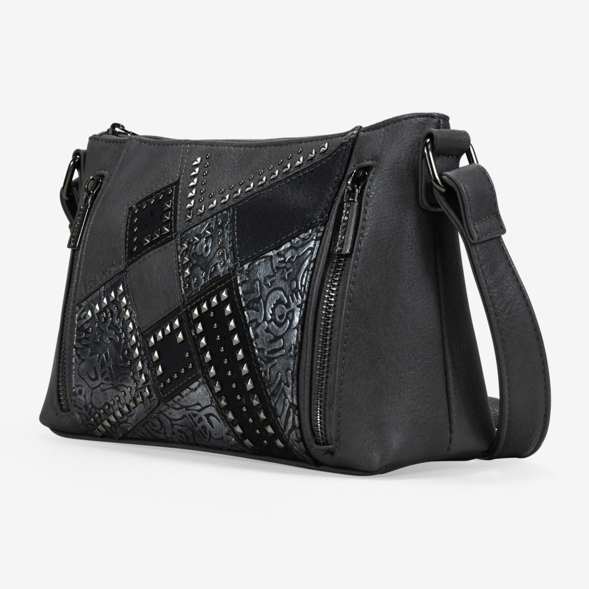 Bolso bandolera gris con cremalleras y tachas